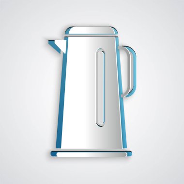 Kağıt kesiği Kettle 'ın gri arka planda izole edilmiş bir simgesi var. Çaydanlık ikonu. Kağıt sanatı tarzı. Vektör İllüstrasyonu