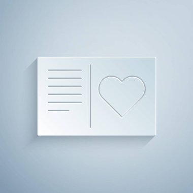 Kağıt kesiği Sevgililer Günü ilanı. Gri arkaplanda kalp ikonu var. Kutlama için davetiye ya da tebrik kartı şablonu. Kağıt sanatı tarzı. Vektör İllüstrasyonu