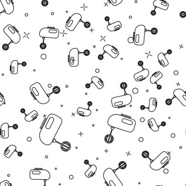 Siyah çizgi elektirik karıştırıcı simgesi beyaz arkaplandaki kusursuz deseni izole etti. Mutfak blenderi. Vektör İllüstrasyonu