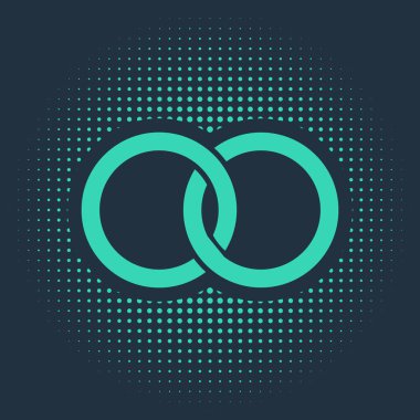 Yeşil alyans ikonu mavi arkaplanda izole edilmiş. Gelin ve damat mücevher tabelası. Evlilik ikonu. Elmas yüzük ikonu. Soyut çember rastgele noktalar. Vektör İllüstrasyonu