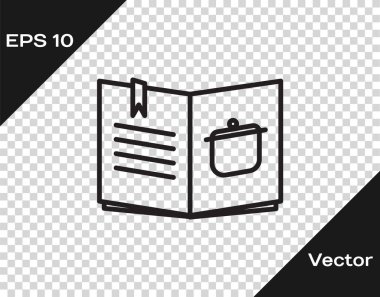 Şeffaf arkaplanda siyah çizgi yemek kitabı simgesi izole edildi. Yemek kitabı ikonu. Yemek tarifi kitabı. Çatal ve bıçak ikonları. Çatal bıçak sembolü. Vektör İllüstrasyonu