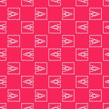 Beyaz çizgi, okyanus plastik kirliliği ikonunu durdurur. Kırmızı arka planda izole edilmiş pürüzsüz desen. Çevre koruma kavramı. Balıklar plastiğe hayır der. Vektör İllüstrasyonu