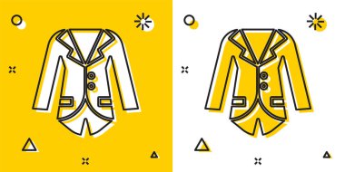 Sarı ve beyaz arkaplanda siyah Blazer ya da ceket simgesi var. Rastgele dinamik şekiller. Vektör İllüstrasyonu