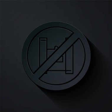 Kağıt kesiği Siyah arka planda izole edilmiş plastik poşet poster ikonuna hayır de. Tek kullanımlık selofan ve politen paket yasaklama işareti. Kağıt sanatı tarzı. Vektör İllüstrasyonu