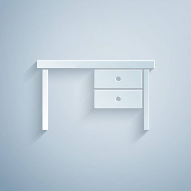 Kağıt kesiği ofis masası simgesi gri arkaplanda izole edildi. Kağıt sanatı tarzı. Vektör İllüstrasyonu