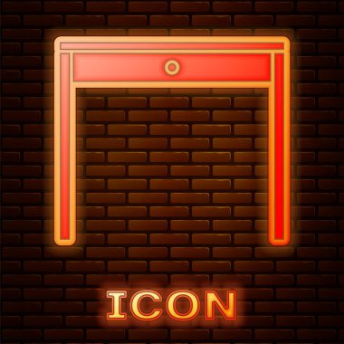 Parlayan neon neon ahşap masa simgesi tuğla duvar arkasında izole edilmiş. Vektör İllüstrasyonu