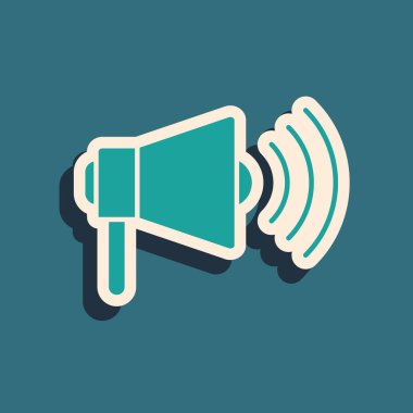 Green Megaphone icon isolated on blue background. Loud speach alert concept. Bullhorn for Mouthpiece scream promotion. Long shadow style. Vector Illustration clipart