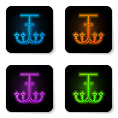 Parlayan neon rengi Chandelier simgesi beyaz arkaplanda izole edildi. Siyah kare düğme. Vektör İllüstrasyonu