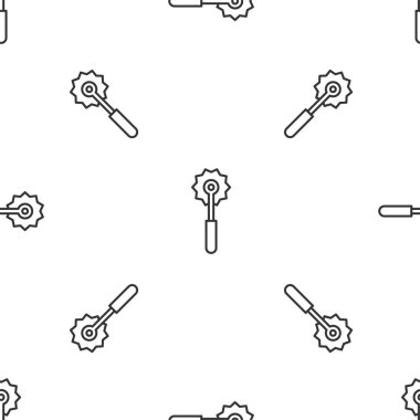 Gri çizgili pizza bıçağı ikonu beyaz arka planda kusursuz desen izole etti. Pizza kesme tabelası. Çelik mutfak gereçleri. Vektör İllüstrasyonu