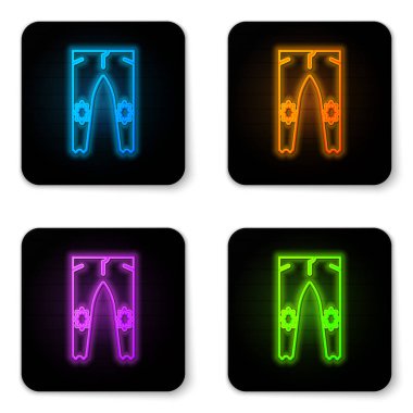 Parlayan neon pantolon simgesi beyaz arkaplanda izole edildi. Siyah kare düğme. Vektör İllüstrasyonu