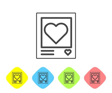 Gri çizgi boş fotoğraf çerçeveleri ve beyaz arkaplanda izole edilmiş kalp simgeleri. Sevgililer Günü sembolü. Renkli eşkenar dörtgen düğmelerine simgeleri yerleştir. Vektör İllüstrasyonu