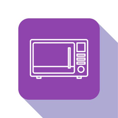 Beyaz çizgi mikrodalga fırın ikonu beyaz arkaplanda izole edilmiş. Ev aletleri simgesi. Mor kare düğme. Vektör İllüstrasyonu