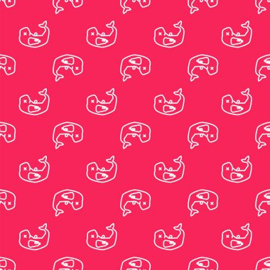 Beyaz çizgi çevre koruma kavramına göre balina ölü ikonu kırmızı arka planda izole edilmiş pürüzsüz desen. Vektör İllüstrasyonu