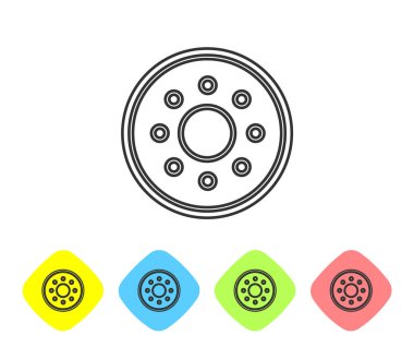 Gri çizgi yuvarlak tahta kalkan ikonu beyaz arka planda izole edildi. Güvenlik, güvenlik, koruma, mahremiyet, koruma kavramı. Renkli eşkenar dörtgen düğmelerine simgeleri yerleştir. Vektör İllüstrasyonu