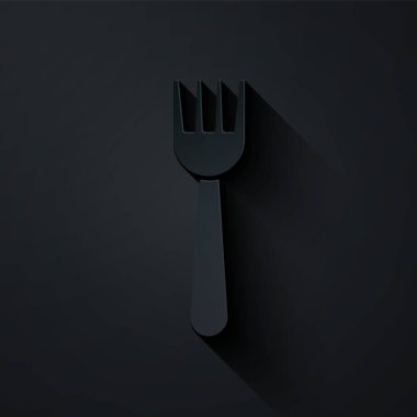 Kağıt kesiği, siyah arkaplanda izole edilmiş plastik çatal simgesi. Kağıt sanatı tarzı. Vektör İllüstrasyonu