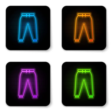 Beyaz arka planda parlayan neon renkli spor pantolon ikonu izole edildi. Siyah kare düğme. Vektör İllüstrasyonu