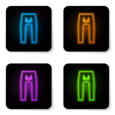 Parlayan neon pantolon simgesi beyaz arkaplanda izole edildi. Siyah kare düğme. Vektör İllüstrasyonu