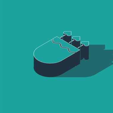 Isometric Quiver ve yeşil arka planda izole kalp ikonu olan oklar. Aşk tanrısı sembolü. Aşk işareti. Sevgililer Günü konsepti. Vektör İllüstrasyonu