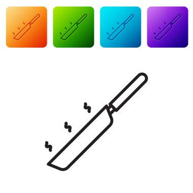 Siyah çizgi kızartma tavası simgesi beyaz arkaplanda izole edildi. Kızartma veya kızartma gıda sembolü. Renkli kare düğmelerle simgeleri ayarla. Vektör İllüstrasyonu