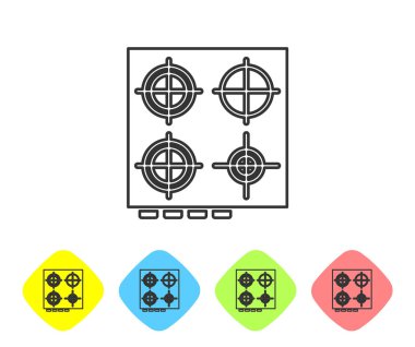 Gri çizgi gazlı soba ikonu beyaz arka planda izole edildi. Mutfak tabelaları. Dört daire ocağı olan bir hob. Renkli eşkenar dörtgen düğmelerine simgeleri yerleştir. Vektör İllüstrasyonu