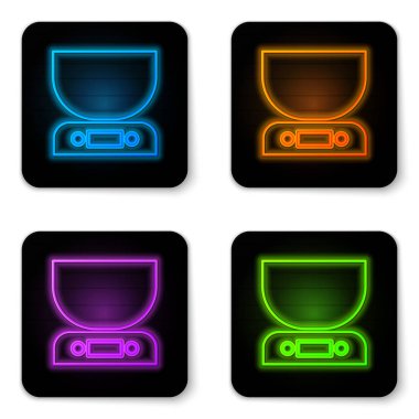 Parlayan neon elektronik ölçekli simge beyaz arkaplanda izole edildi. Ağırlık ölçüm aletleri. Siyah kare düğme. Vektör İllüstrasyonu