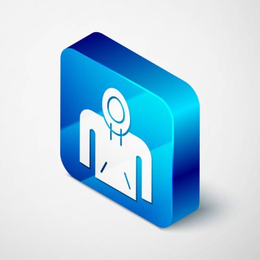 Beyaz arka planda izole edilmiş Isometric Kapüşonlu simgesi. Kapüşonlu kazak. Mavi kare düğme. Vektör İllüstrasyonu