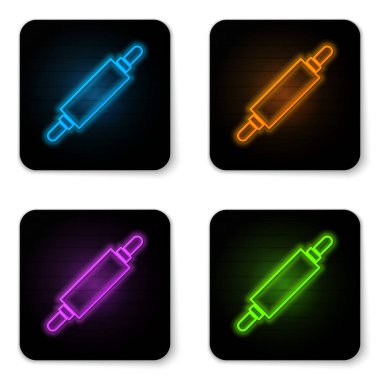 Parlayan neon yuvarlanan pin simgesi beyaz arkaplanda izole edildi. Siyah kare düğme. Vektör İllüstrasyonu