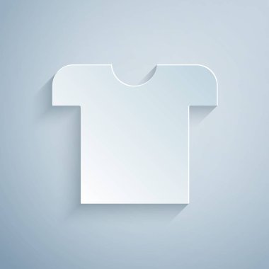 Kağıt kesiği tişört simgesi gri arkaplanda izole edilmiş. Kağıt sanatı tarzı. Vektör İllüstrasyonu