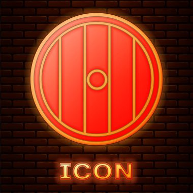 Glowing neon Round wooden shield icon isolated on brick wall background. Security, safety, protection, privacy, guard concept.  Vector Illustration