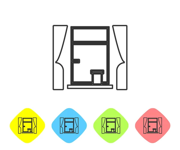 Graue Linie Fenster Mit Vorhängen Raum Symbol Isoliert Auf Weißem — Stockvektor