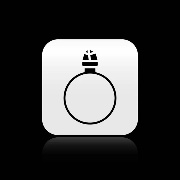 黑色钻石订婚戒指图标隔离在黑色背景上 银色方形按钮 矢量插图 — 图库矢量图片