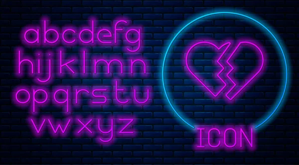 Glowing Neon Broken Heart Divorce Icon Isolated Brick Wall Background — 스톡 벡터