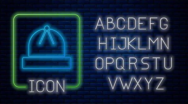 Gloeiende Neon Winter Hoed Pictogram Geïsoleerd Baksteen Muur Achtergrond Neon — Stockvector