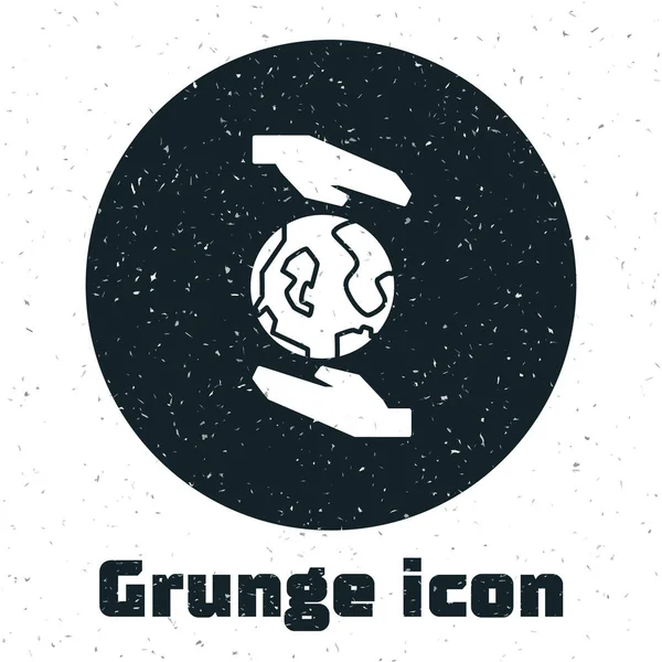 Grunge Lidské Ruce Drží Ikonu Země Koule Izolované Bílém Pozadí — Stockový vektor
