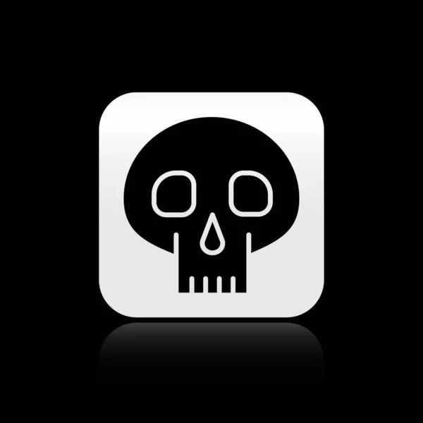 Icono Black Skull Aislado Sobre Fondo Negro Botón Cuadrado Plateado — Vector de stock