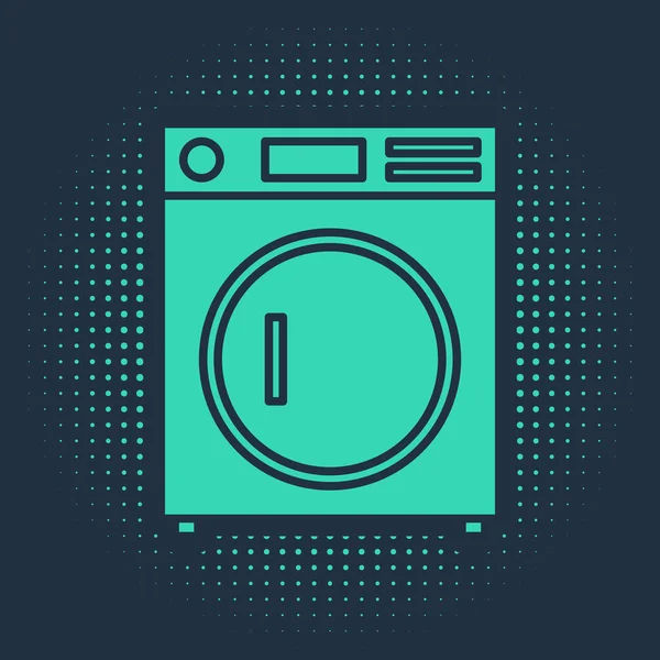Mavi arkaplanda yeşil çamaşır makinesi simgesi izole edildi. Çamaşır makinesi simgesi. Çamaşır makinesi, çamaşır makinesi. Ev aletleri sembolü. Soyut çember rastgele noktalar. Vektör İllüstrasyonu