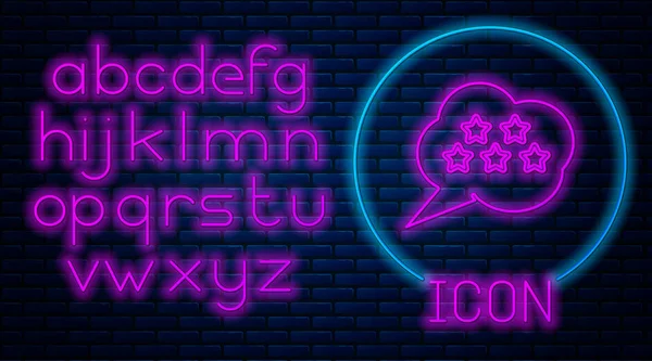 Leuchtende Neon Fünf Sterne Kundenbewertung Symbol Isoliert Auf Ziegelwand Hintergrund — Stockvektor