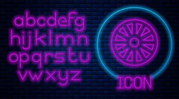 Leuchtende Neon Alten Hölzernen Rad Symbol Isoliert Auf Backsteinwand Hintergrund — Stockvektor
