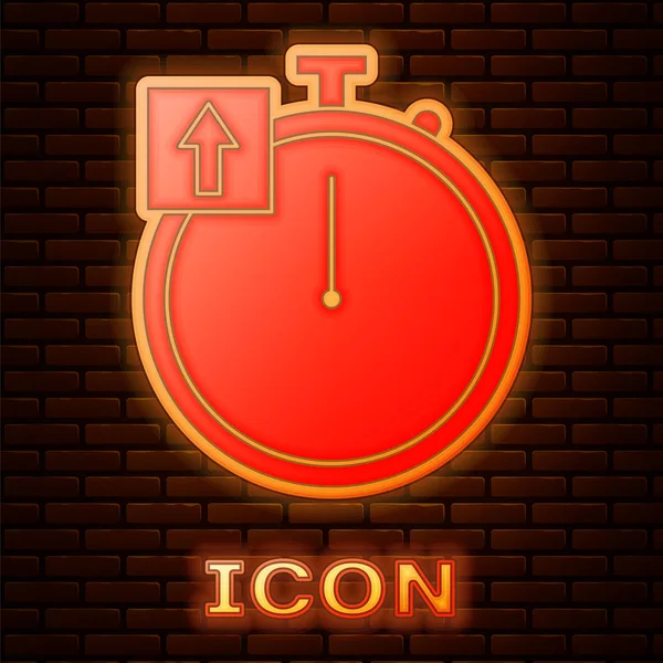 Zářící Neon Stopwatch Ikona Izolované Pozadí Cihlové Zdi Časový Spínač — Stockový vektor