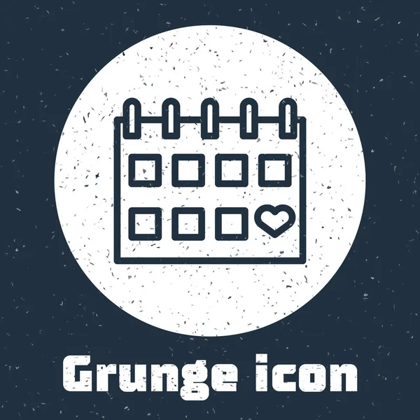 Grunge Line Calendrier Avec Icône Coeur Isolé Sur Fond Gris — Image vectorielle