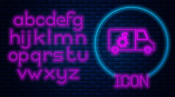 Zářící Neon Auto Služba Ikona Izolované Cihlové Zdi Pozadí Opravárenská — Stockový vektor