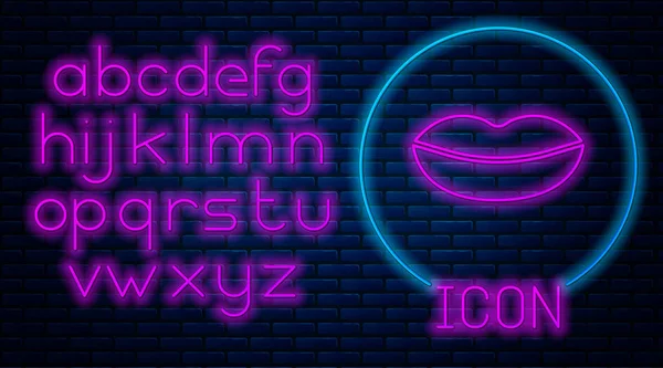 Glowing Neon Smiling Lips Icon Isolated Brick Wall Background Smile — 스톡 벡터