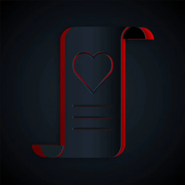 ペーパーカット黒の背景に隔離されたバレンタインハートアイコンでエンベロープ 愛のメッセージ手紙の愛とロマンス 紙のアートスタイル ベクターイラスト — ストックベクタ
