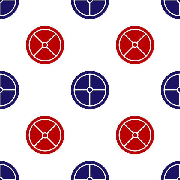 Blue and red Round wooden shield icon isolated seamless pattern on white background. Security, safety, protection, privacy, guard concept.  Vector Illustration