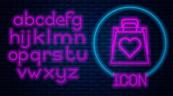 Glowing Neon Shopping Bag Heart Icon Isolated Brick Wall Background — Stock vektor