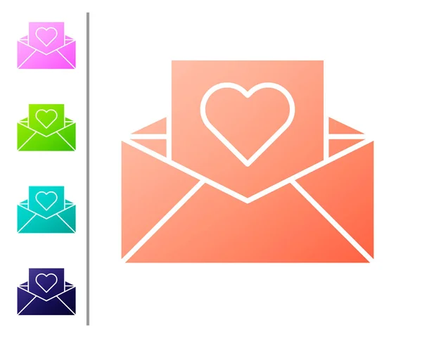 Coral Envelope Valentine Heart Icon Isolated White Background Message Love — 스톡 벡터