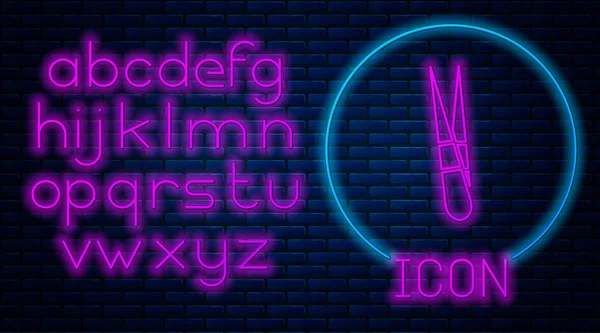 Glowing Neon Eyebrow Tweezers Icon Isolated Brick Wall Background Cosmetic — Stock Vector