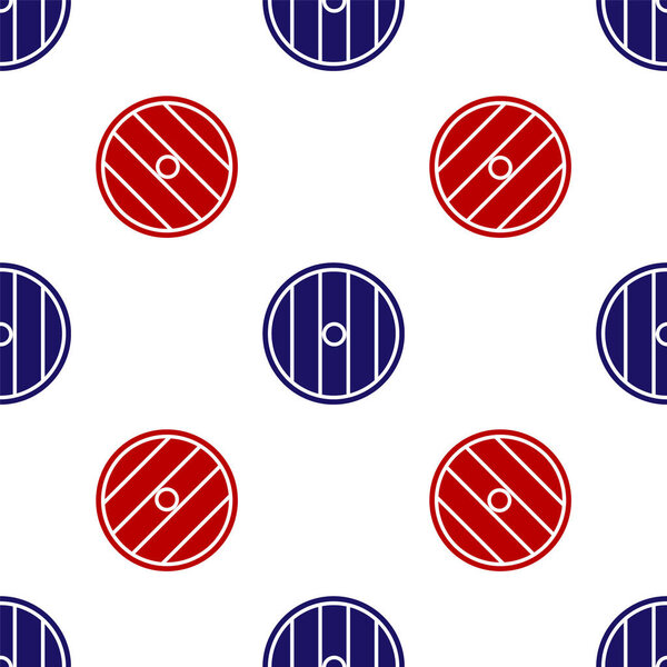 Blue and red Round wooden shield icon isolated seamless pattern on white background. Security, safety, protection, privacy, guard concept.  Vector Illustration