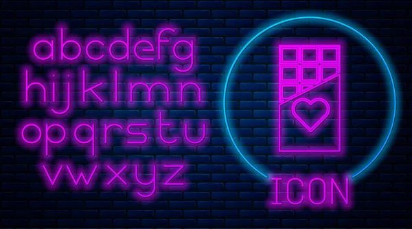 Leuchtende Neon Schokoladenriegel Symbol Isoliert Auf Backsteinwand Hintergrund Valentinstag Symbol — Stockvektor