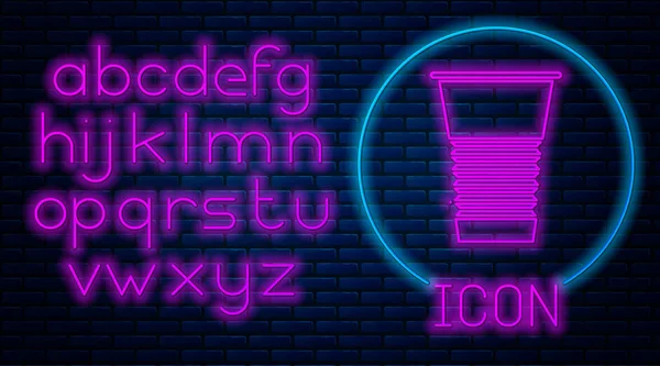 Ragyogó Neon Papír Üveg Ikon Elszigetelt Téglafal Háttér Üdítős Pohár — Stock Vector